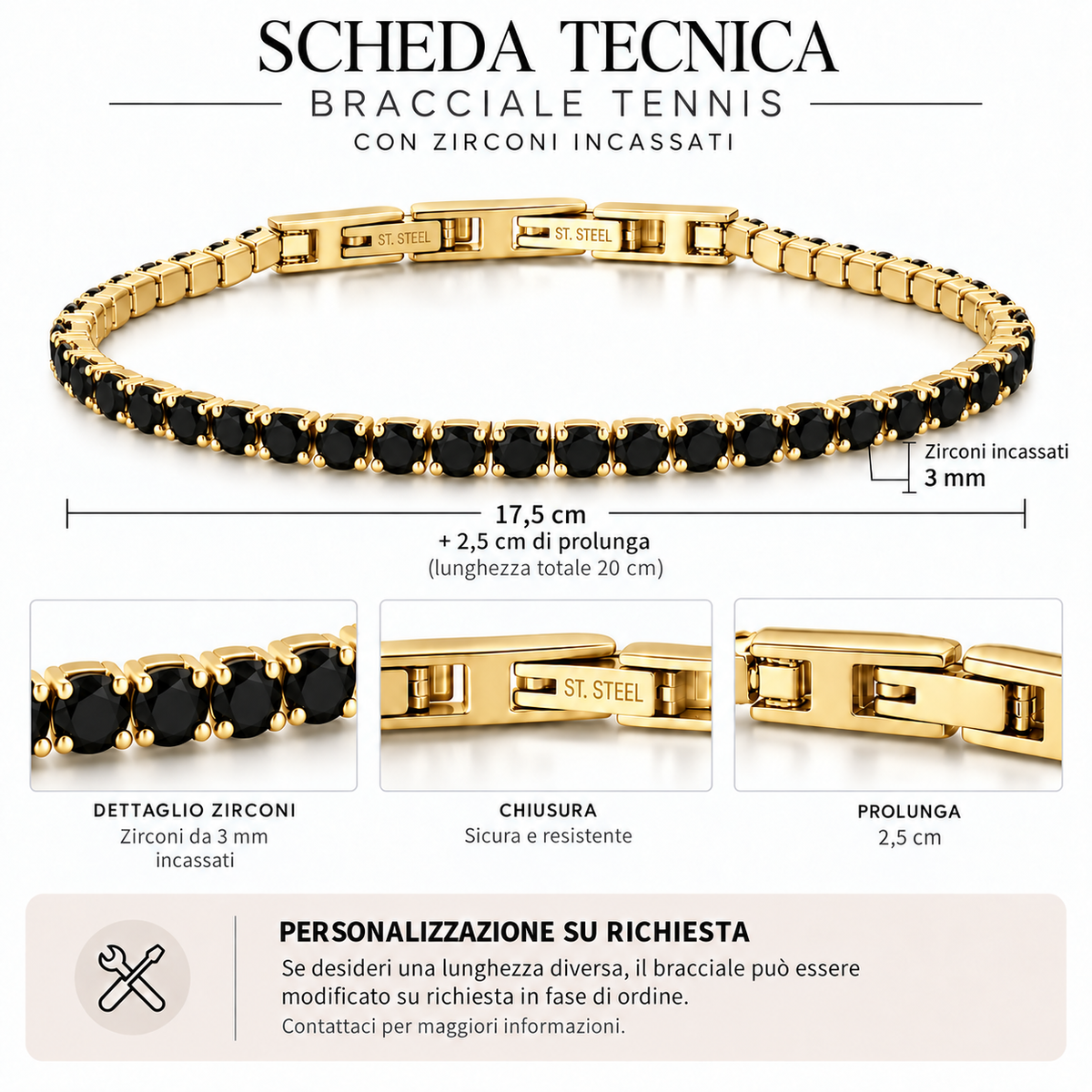 Bracciale Tennis 3mm in acciaio inox placcato oro con chiusura a scatto unisex