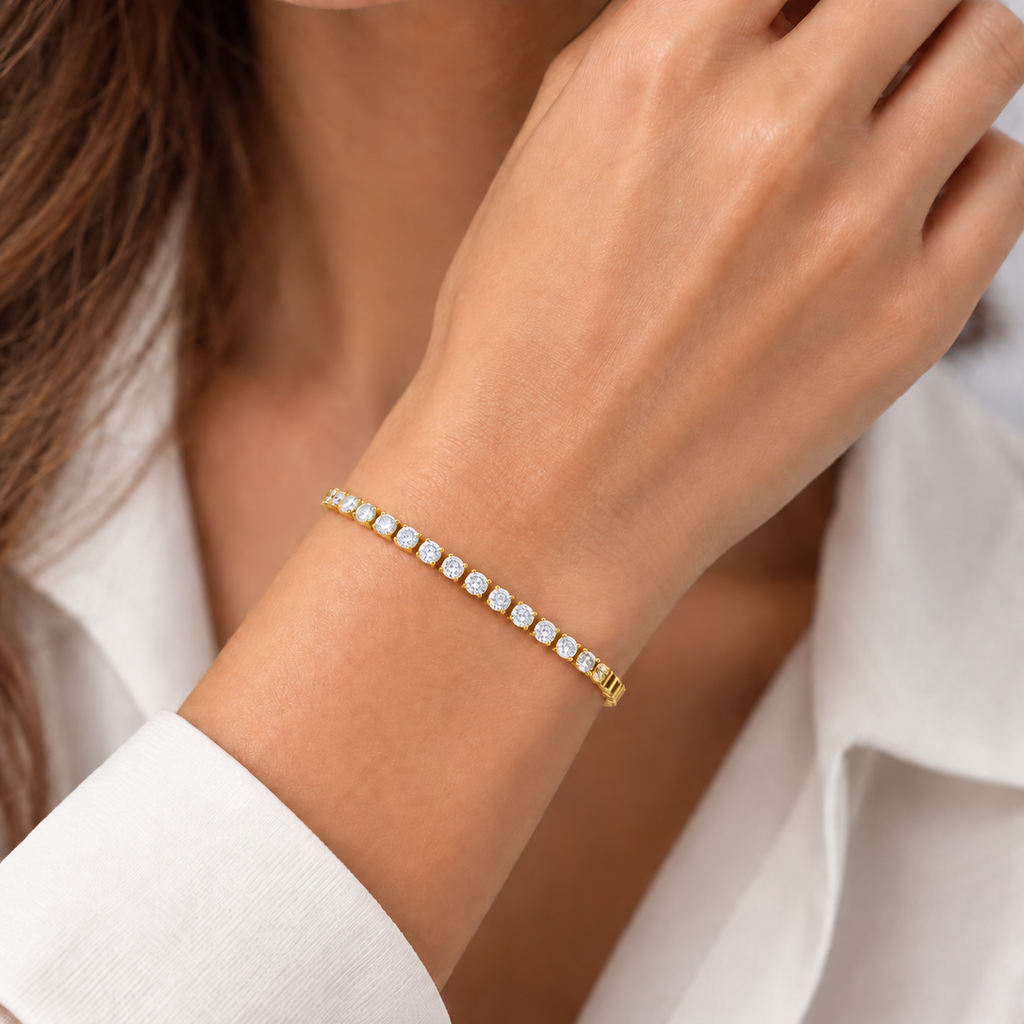 Bracciale Tennis 3mm in acciaio inox placcato oro con chiusura a scatto unisex