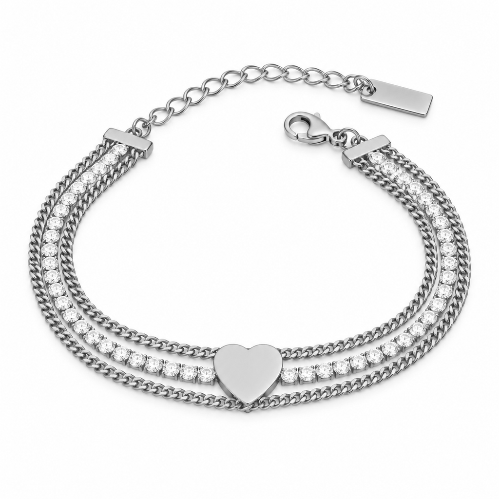 Bracciale Tennis in acciaio inox a tre fili e simbolo Cuore