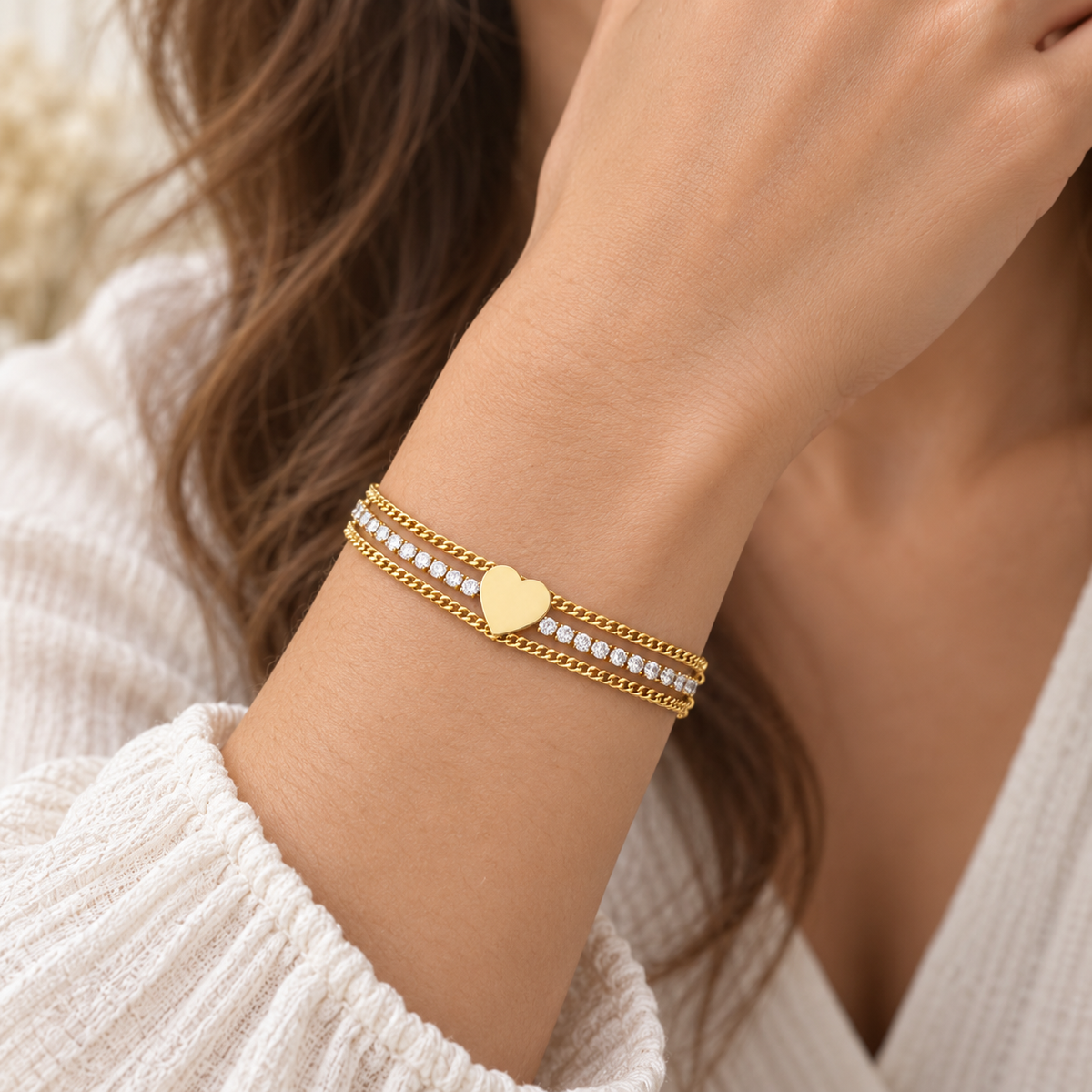 Bracciale Tennis in acciaio inox a tre fili e simbolo Cuore