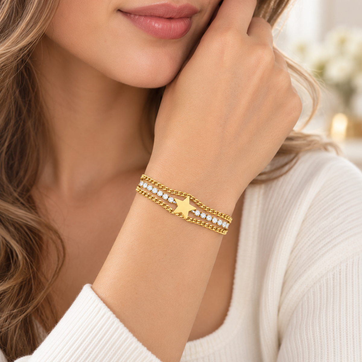 Bracciale Tennis in acciaio inox a tre fili e simbolo Stella