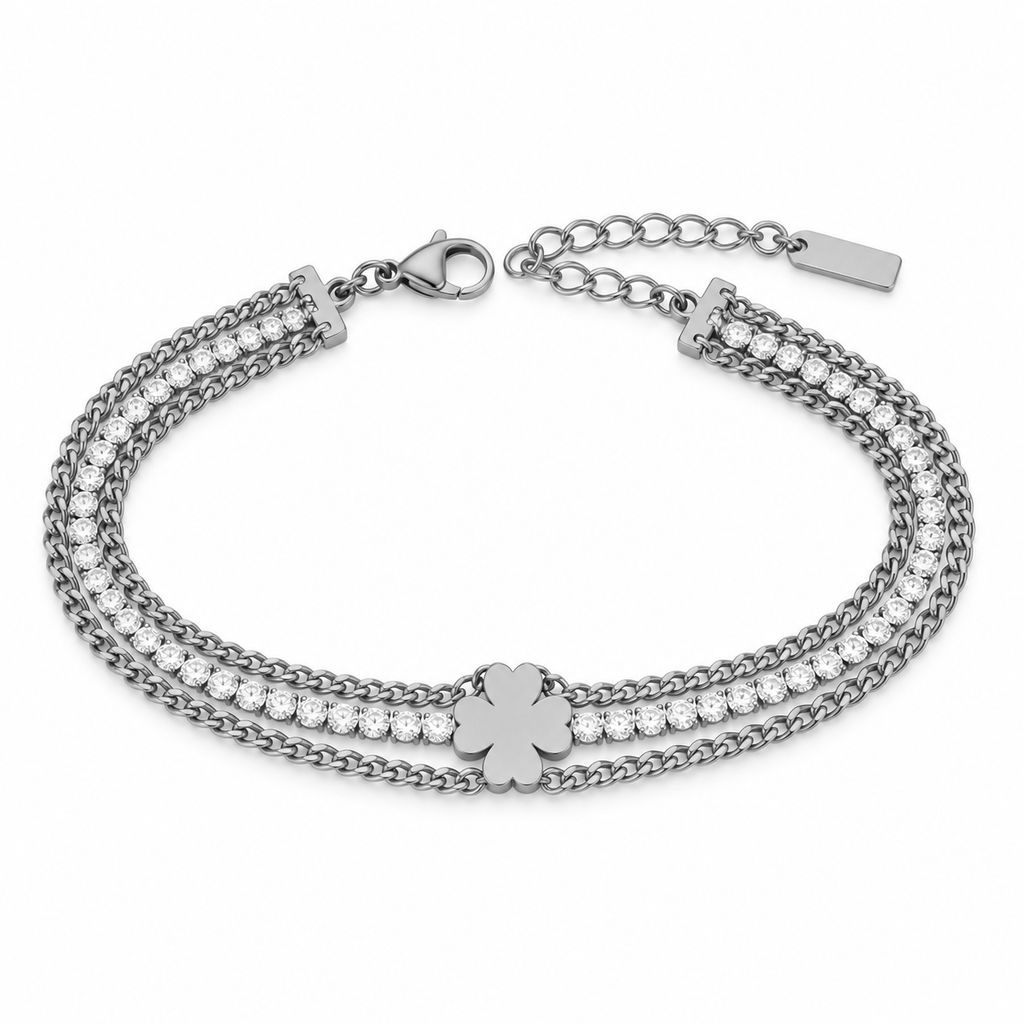 Bracciale Tennis in acciaio inox a tre fili e simbolo Quadrifoglio