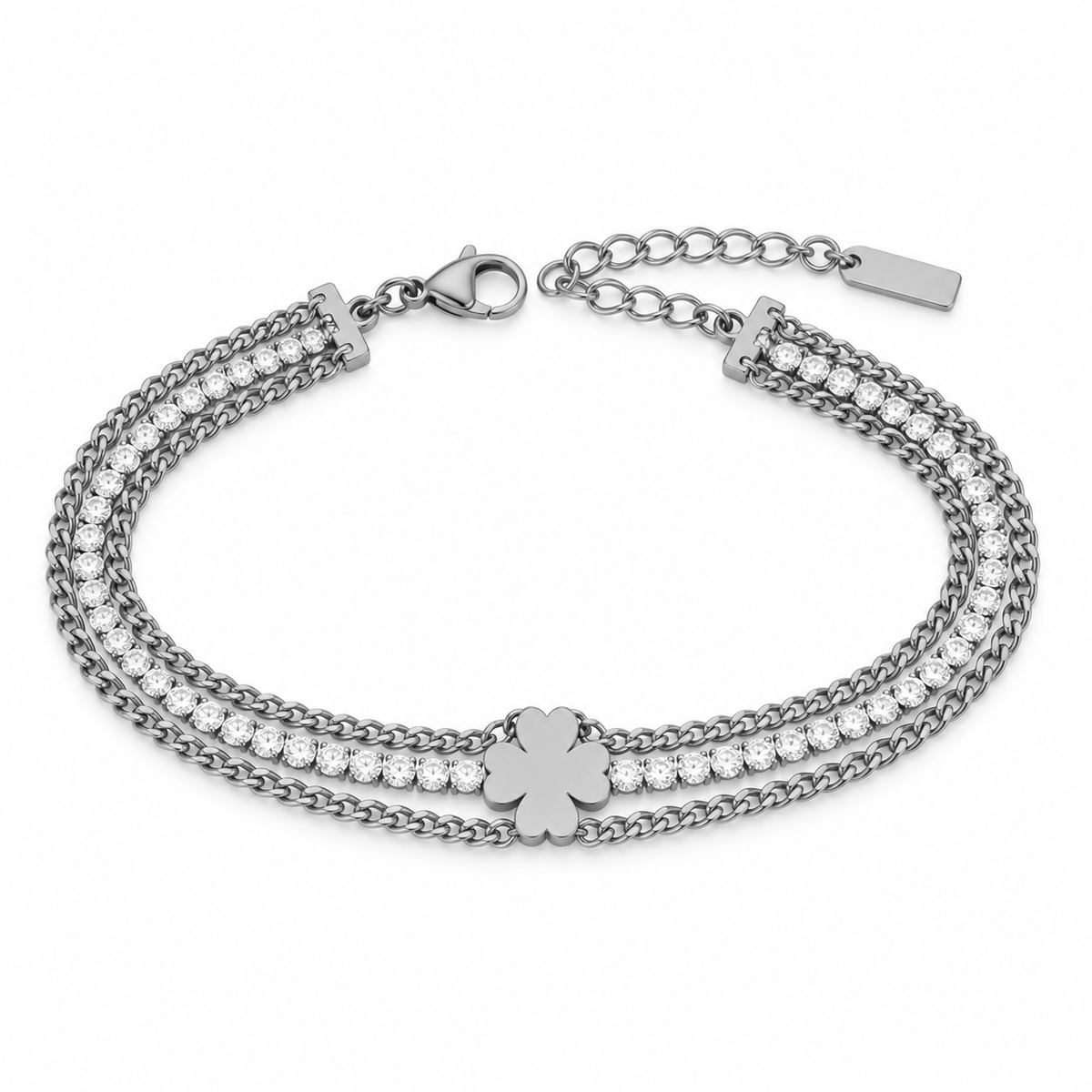 Bracciale Tennis in acciaio inox a tre fili e simbolo Quadrifoglio