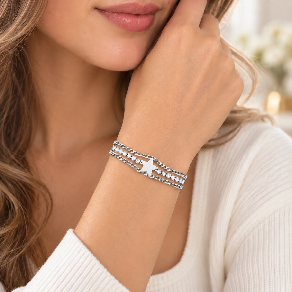Bracciale Tennis in acciaio inox a tre fili e simbolo Stella
