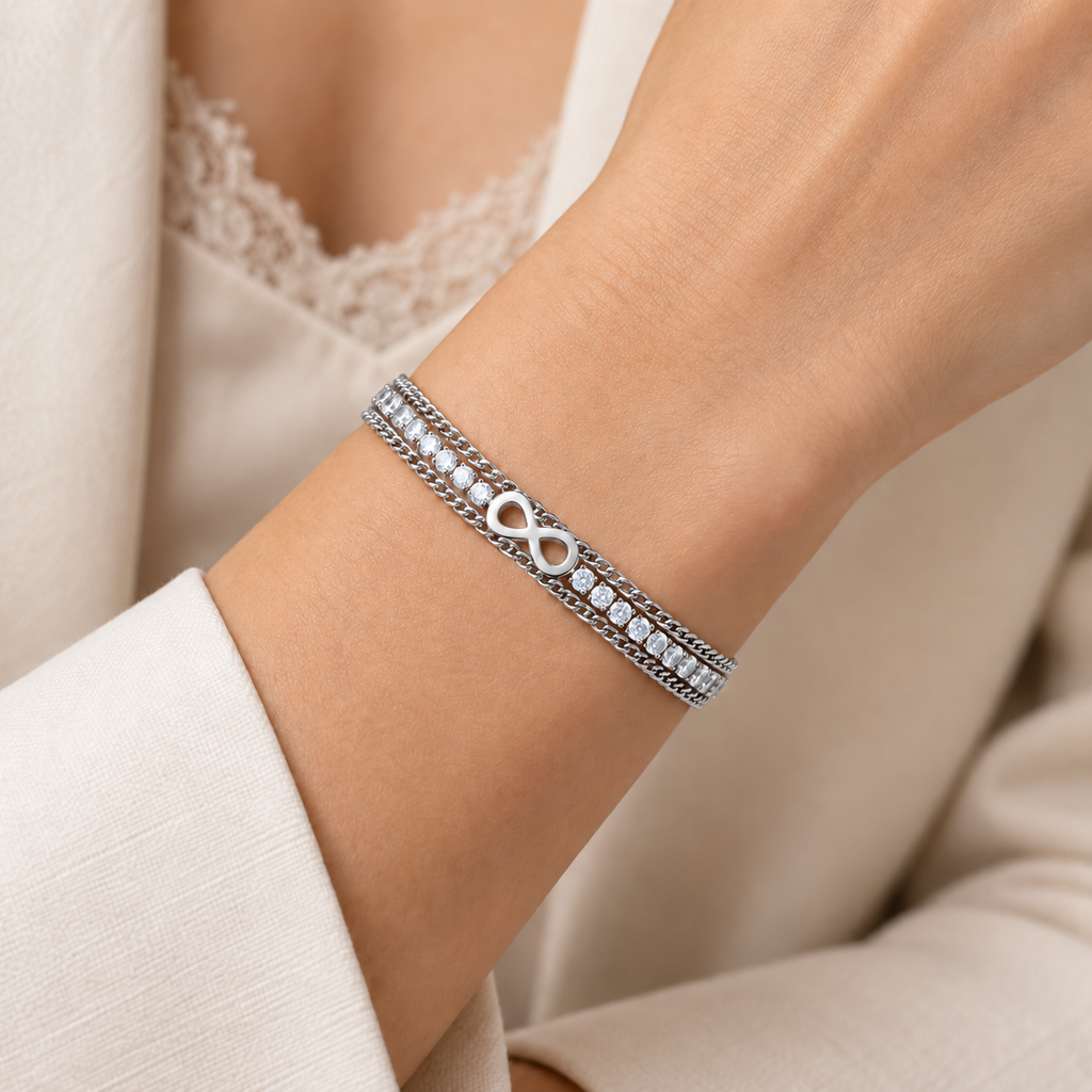 Bracciale Tennis in acciaio inox a tre fili e simbolo Infinito