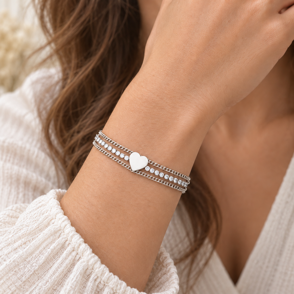 Bracciale Tennis in acciaio inox a tre fili e simbolo Cuore