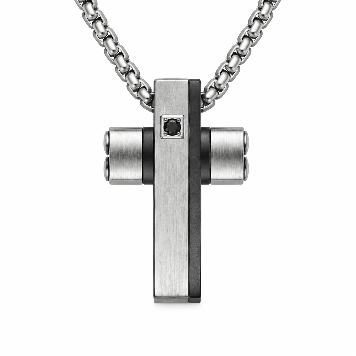Collana Uomo con croce nera e strass in acciaio inox satinato