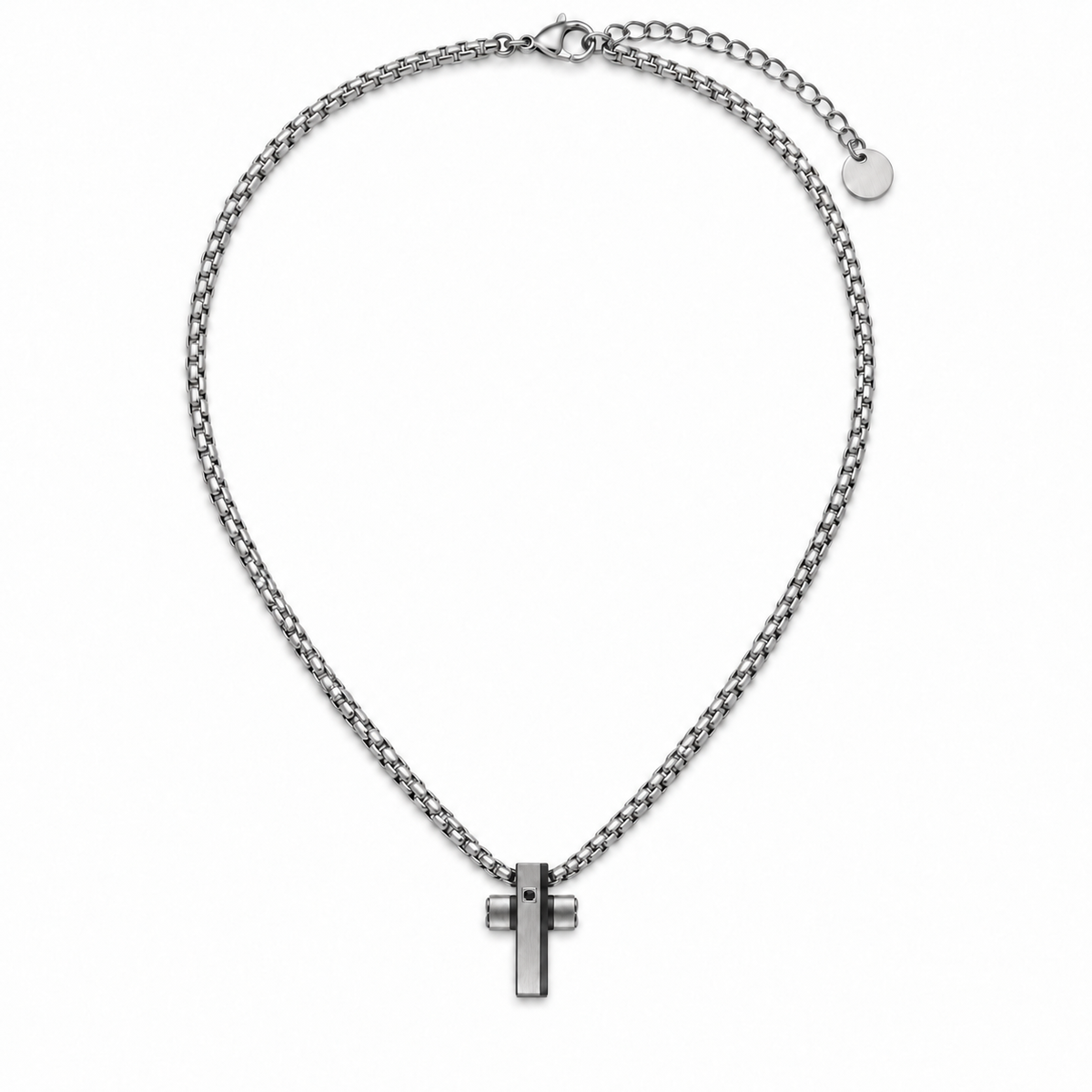 Collana Uomo con croce nera e strass in acciaio inox satinato