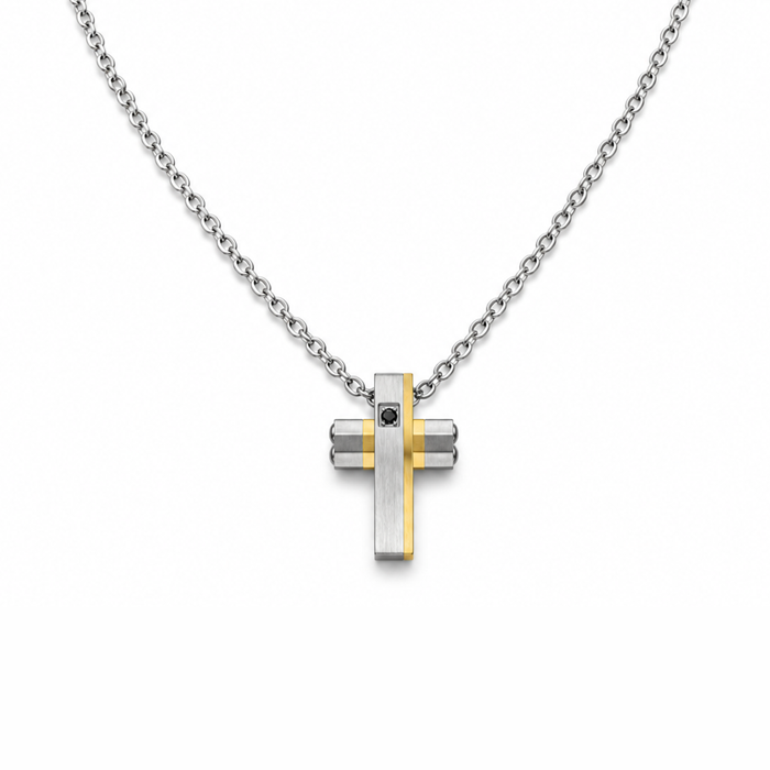 Collana Uomo con croce oro e strass in acciaio inox satinato