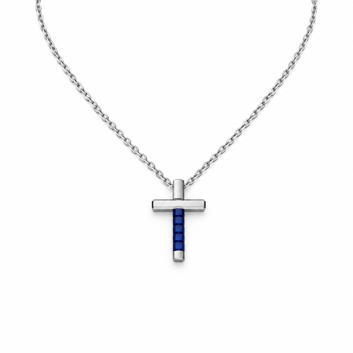 Collana Uomo con croce blu esagonale in acciaio inox