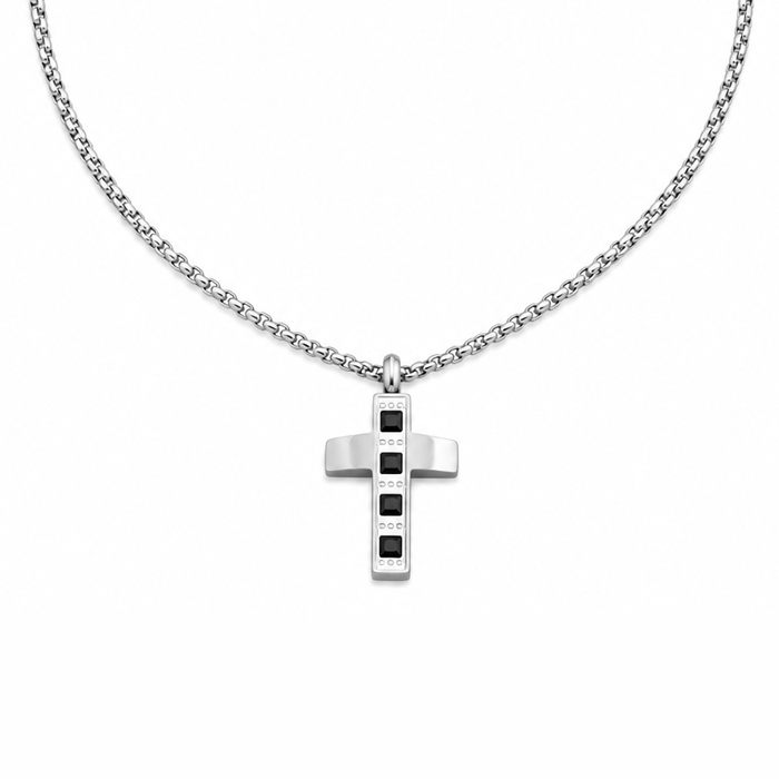 Collana Uomo con croce a 4 zirconi neri quadrati in acciaio inox