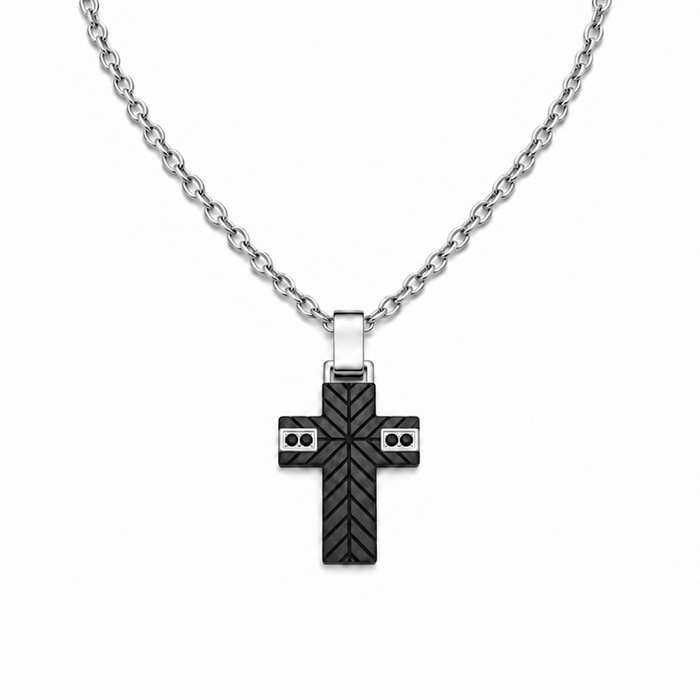Collana Uomo con croce imbrunita e 4 zirconi neri in acciaio inox