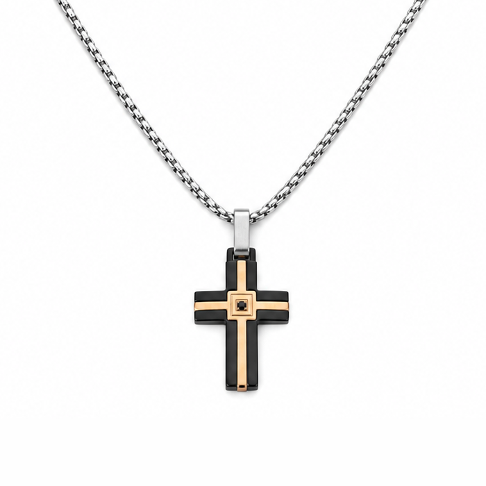 Collana da uomo con croce imbrunita e rosè e strass nero in acciaio inox