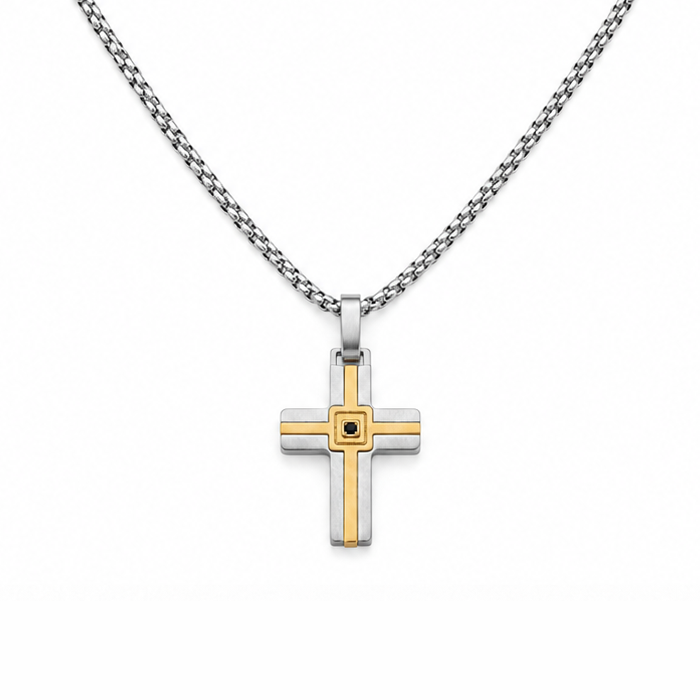Collana da uomo con croce argento e rosè e strass nero in acciaio inox