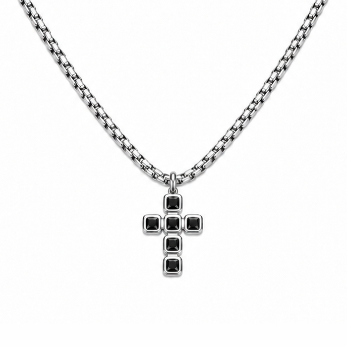 Collana da uomo con croce argento e 6 strass neri quadrati in acciaio inox