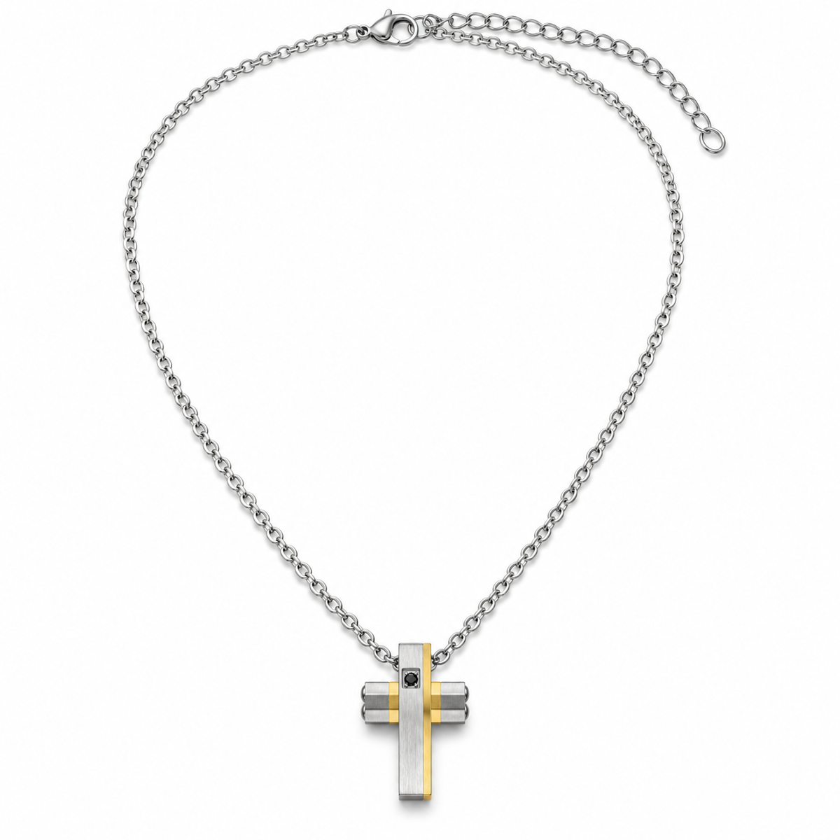 Collana Uomo con croce oro e strass in acciaio inox satinato