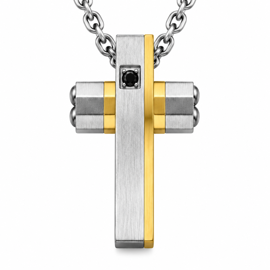 Collana Uomo con croce oro e strass in acciaio inox satinato