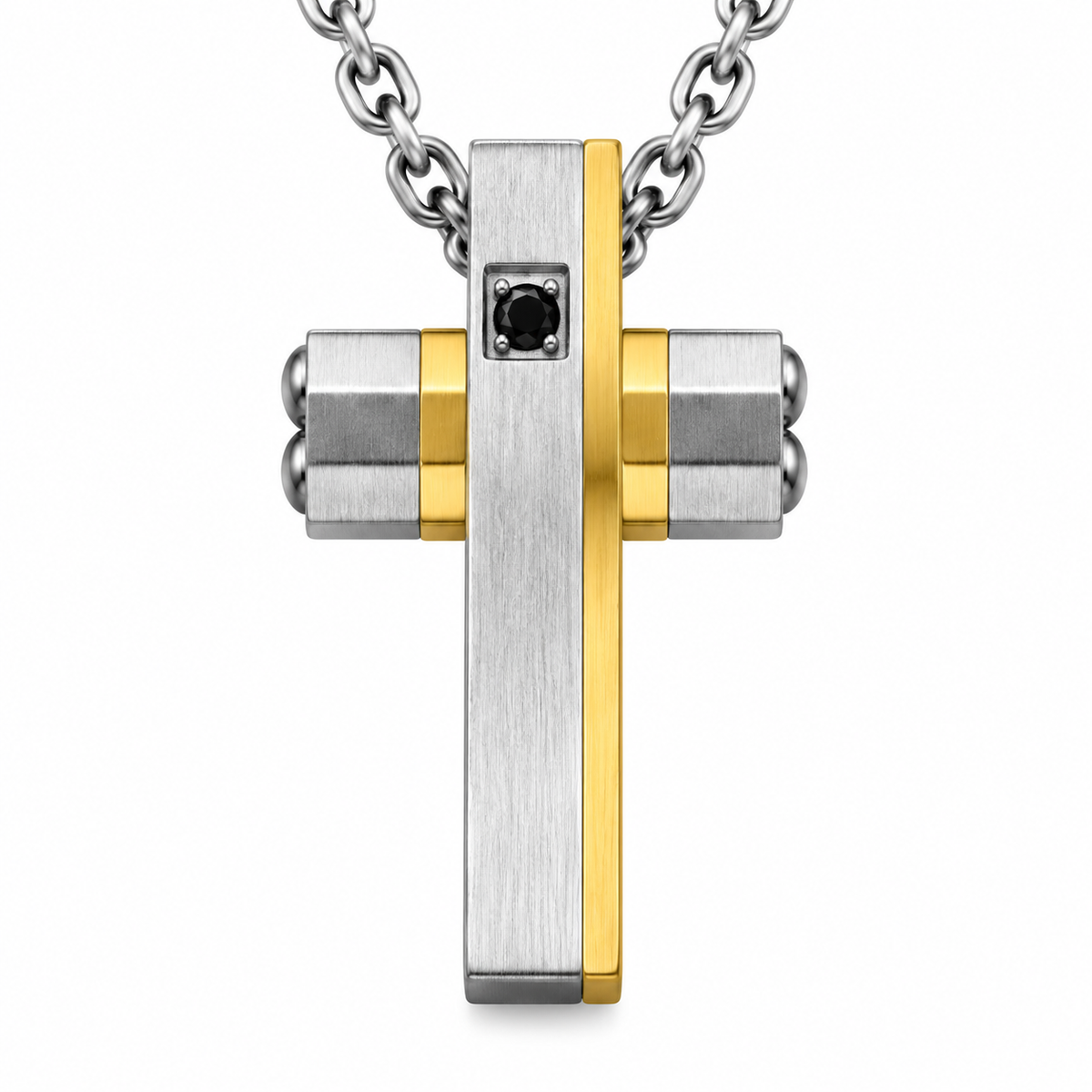Collana Uomo con croce oro e strass in acciaio inox satinato