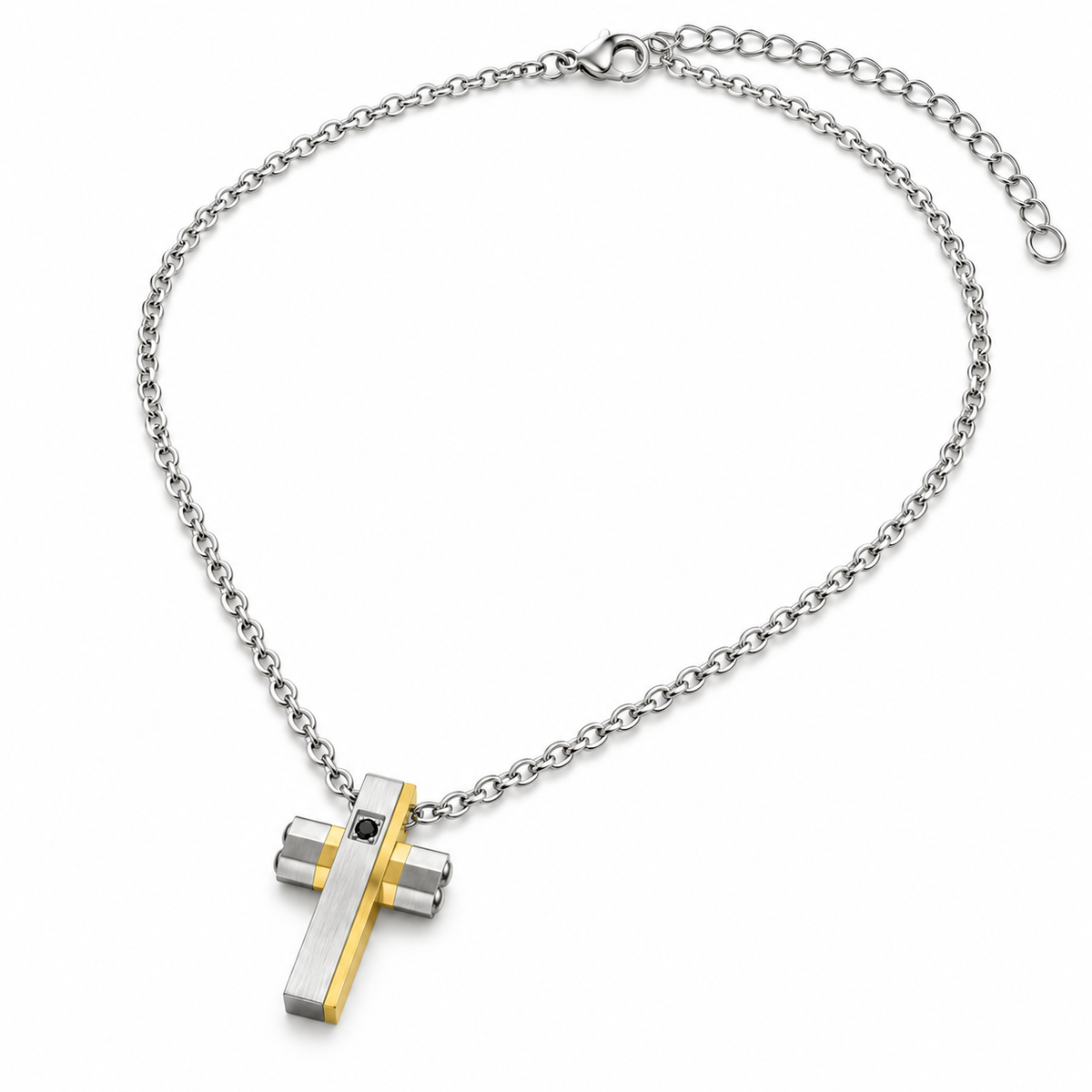 Collana Uomo con croce oro e strass in acciaio inox satinato
