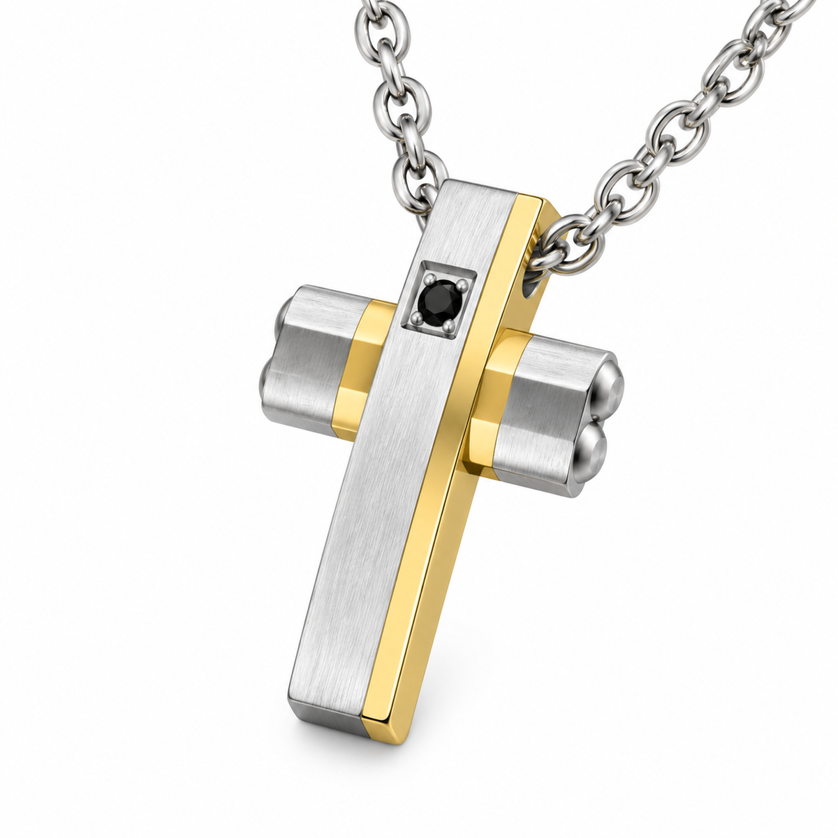 Collana Uomo con croce oro e strass in acciaio inox satinato