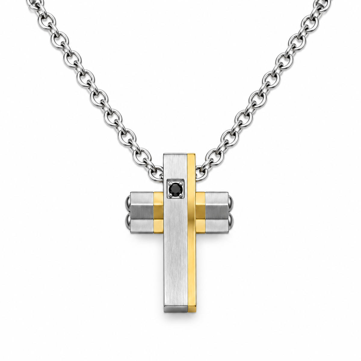 Collana Uomo con croce oro e strass in acciaio inox satinato