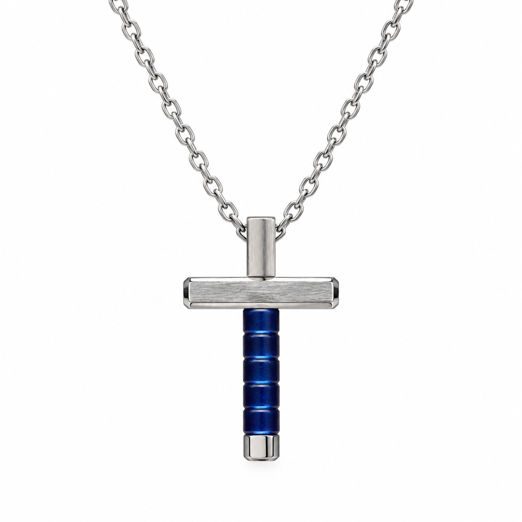 Collana Uomo con croce blu esagonale in acciaio inox