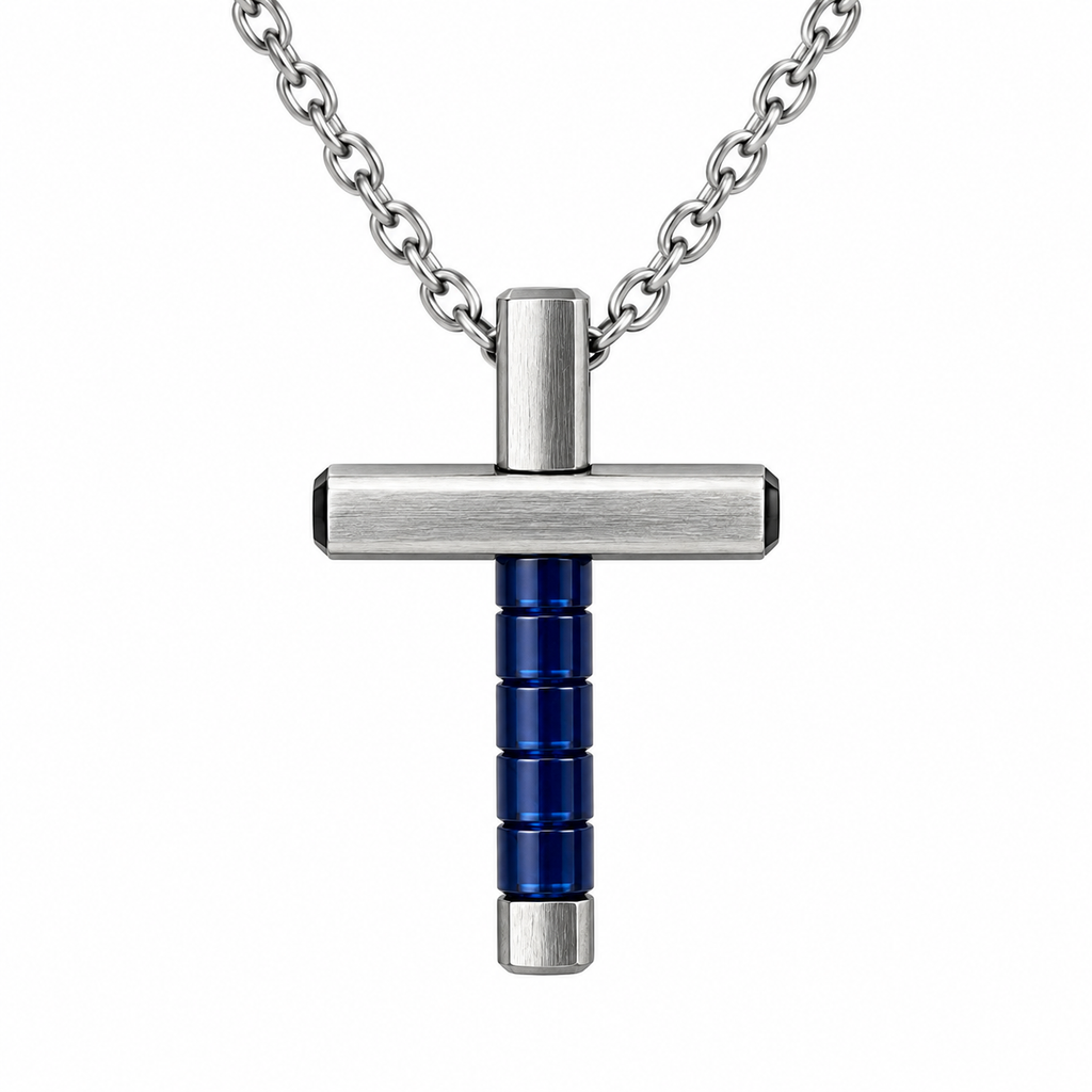 Collana Uomo con croce blu esagonale in acciaio inox
