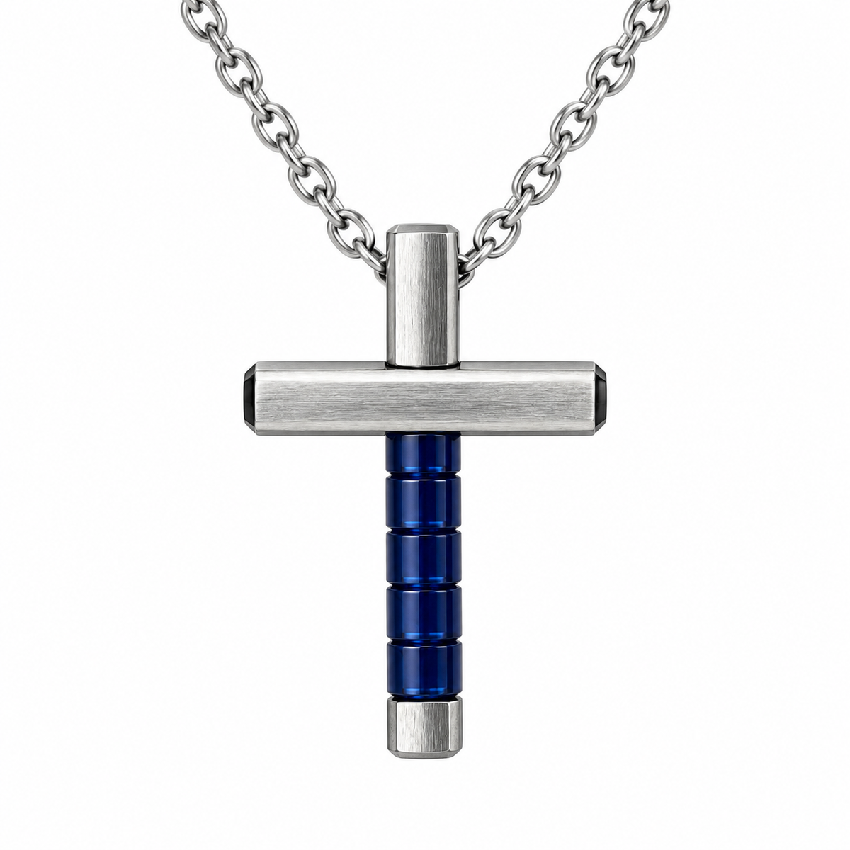 Collana Uomo con croce blu esagonale in acciaio inox