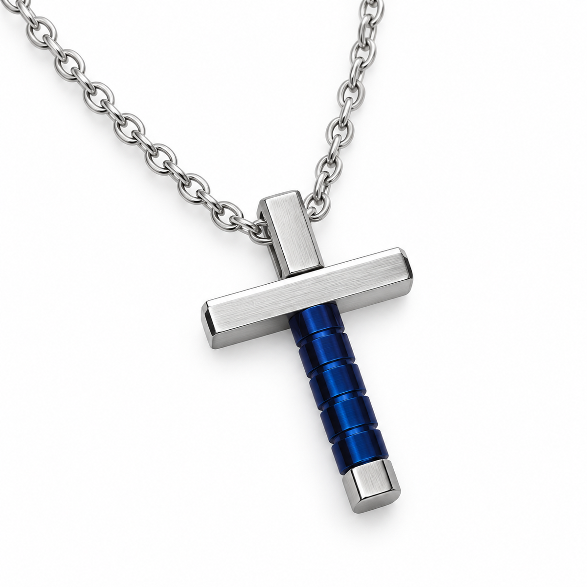 Collana Uomo con croce blu esagonale in acciaio inox