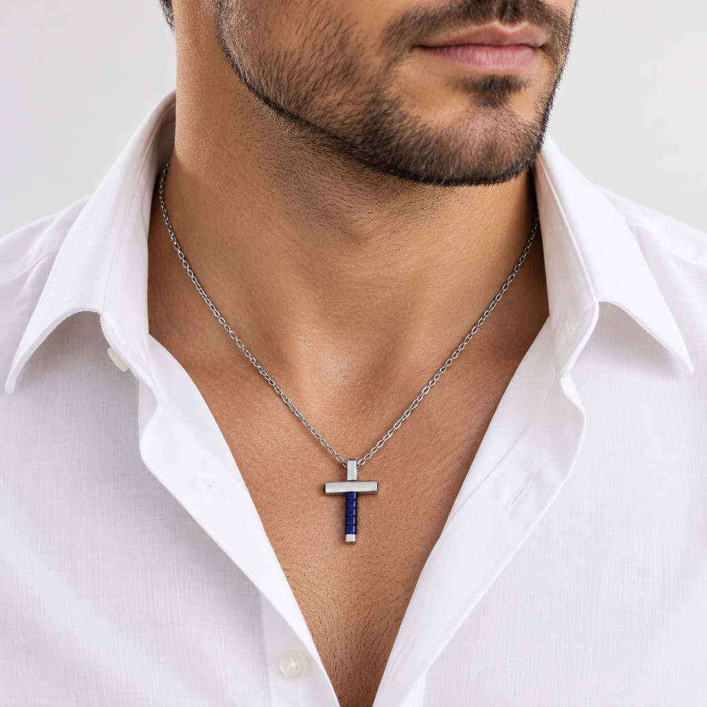 Collana Uomo con croce blu esagonale in acciaio inox