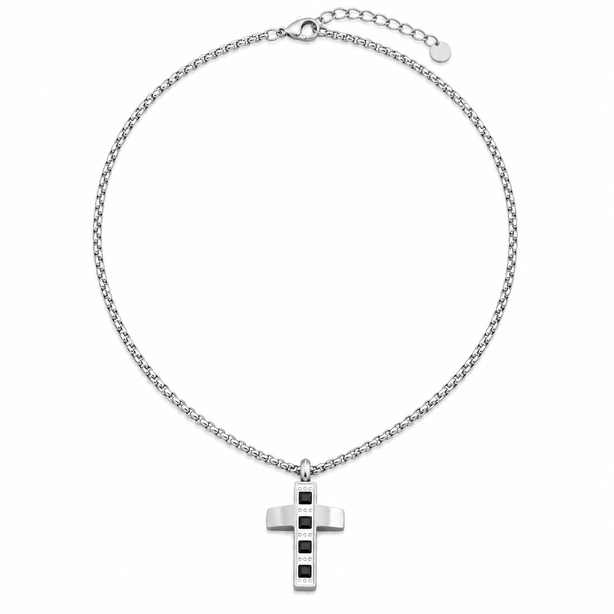Collana Uomo con croce a 4 zirconi neri quadrati in acciaio inox