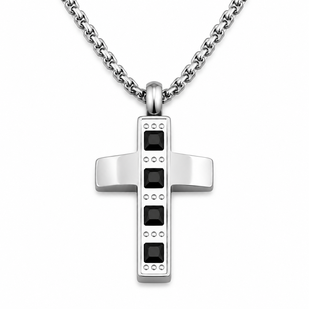 Collana Uomo con croce a 4 zirconi neri quadrati in acciaio inox