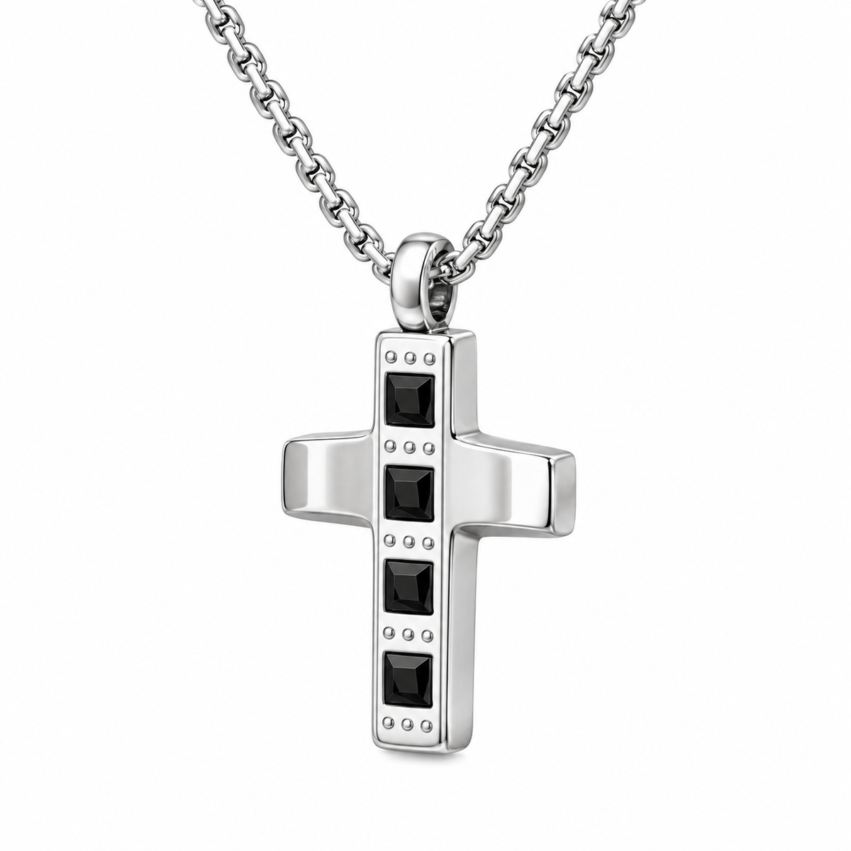 Collana Uomo con croce a 4 zirconi neri quadrati in acciaio inox