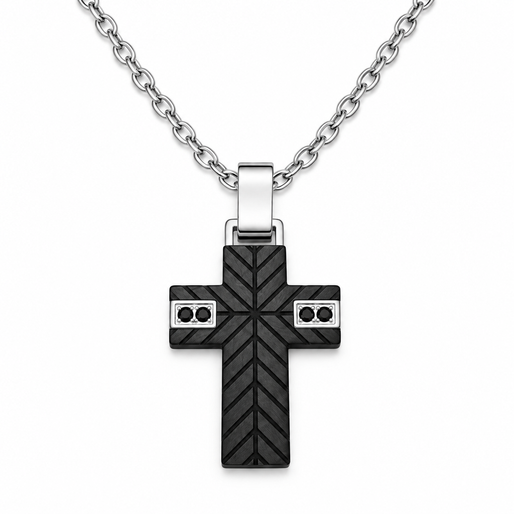 Collana Uomo con croce imbrunita e 4 zirconi neri in acciaio inox