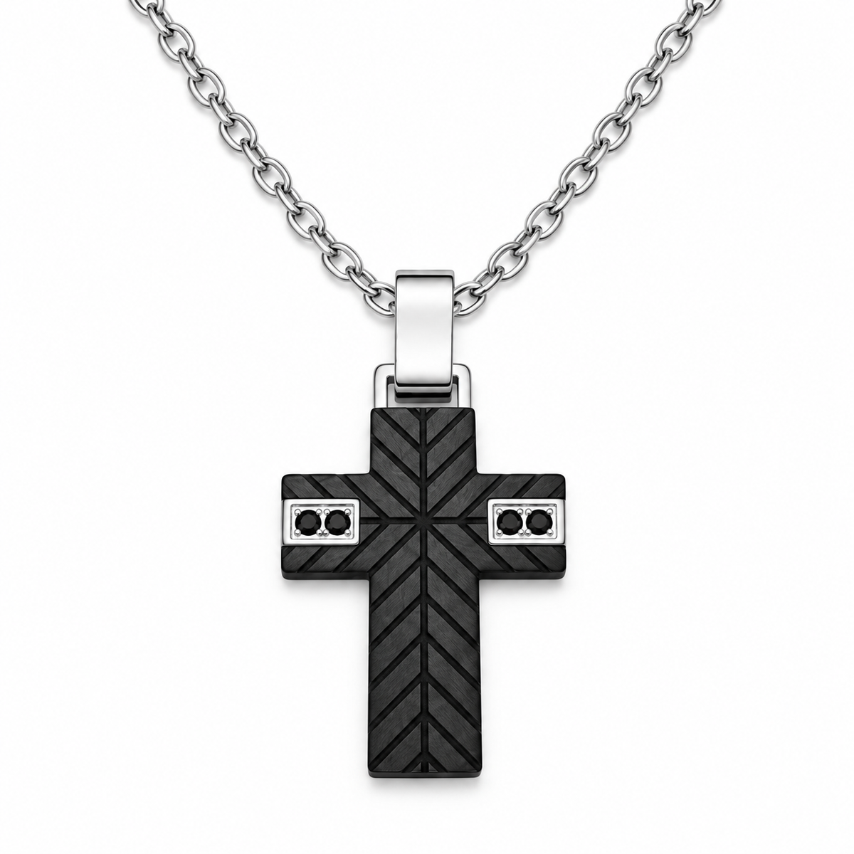 Collana Uomo con croce imbrunita e 4 zirconi neri in acciaio inox