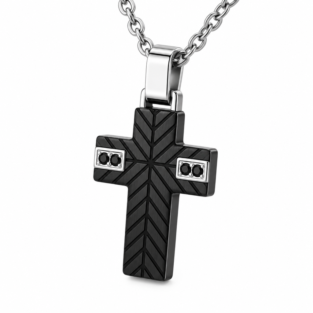 Collana Uomo con croce imbrunita e 4 zirconi neri in acciaio inox