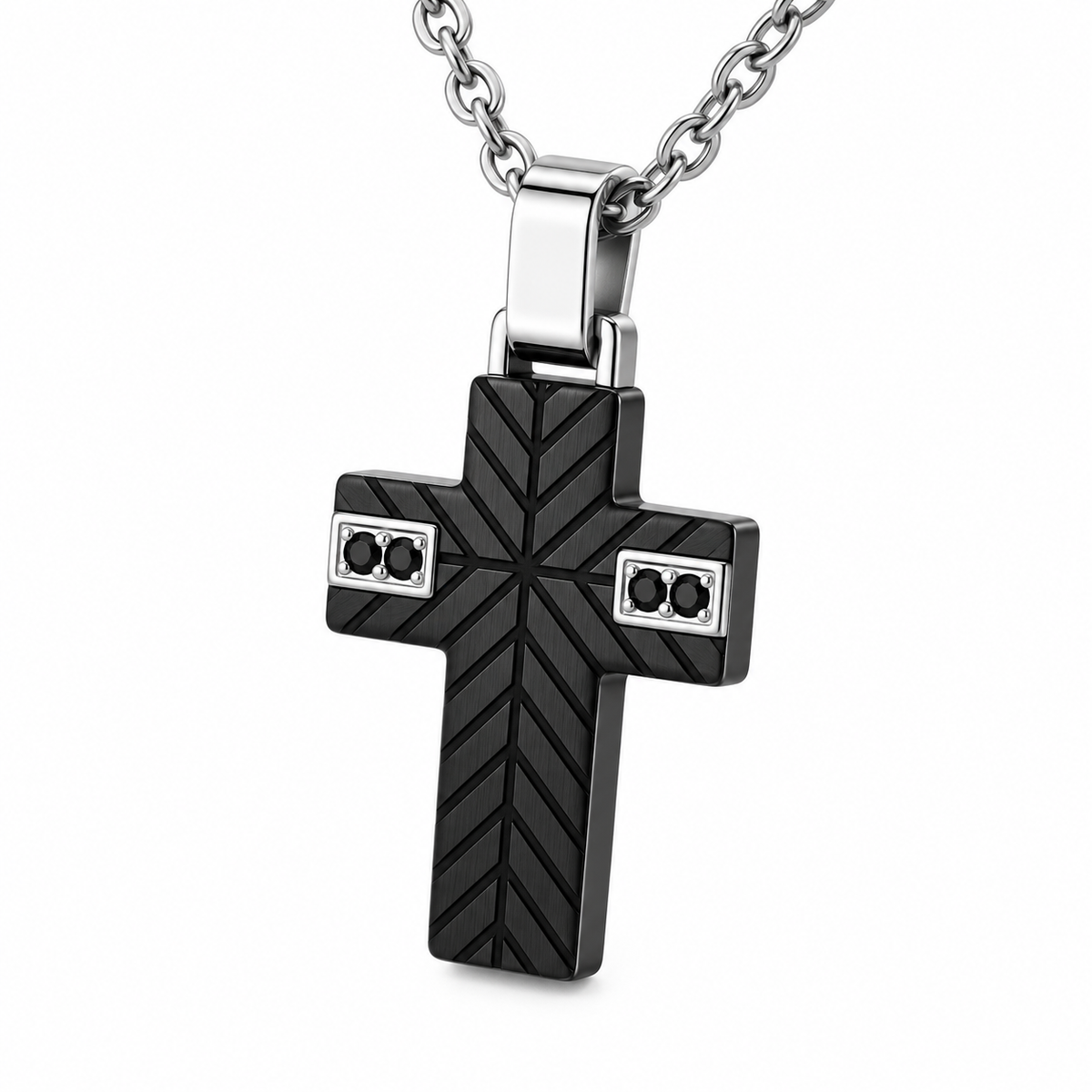 Collana Uomo con croce imbrunita e 4 zirconi neri in acciaio inox
