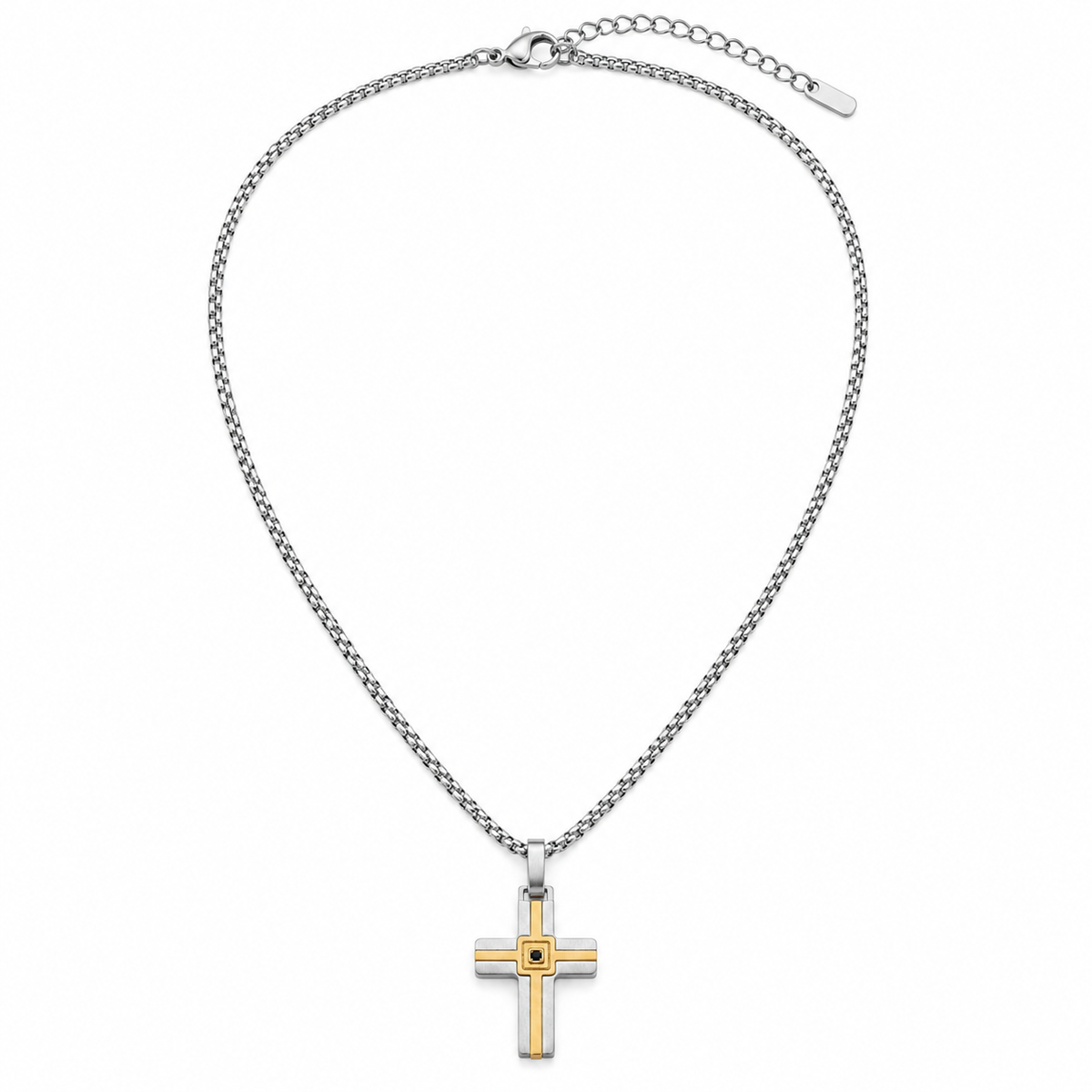Collana da uomo con croce argento e rosè e strass nero in acciaio inox