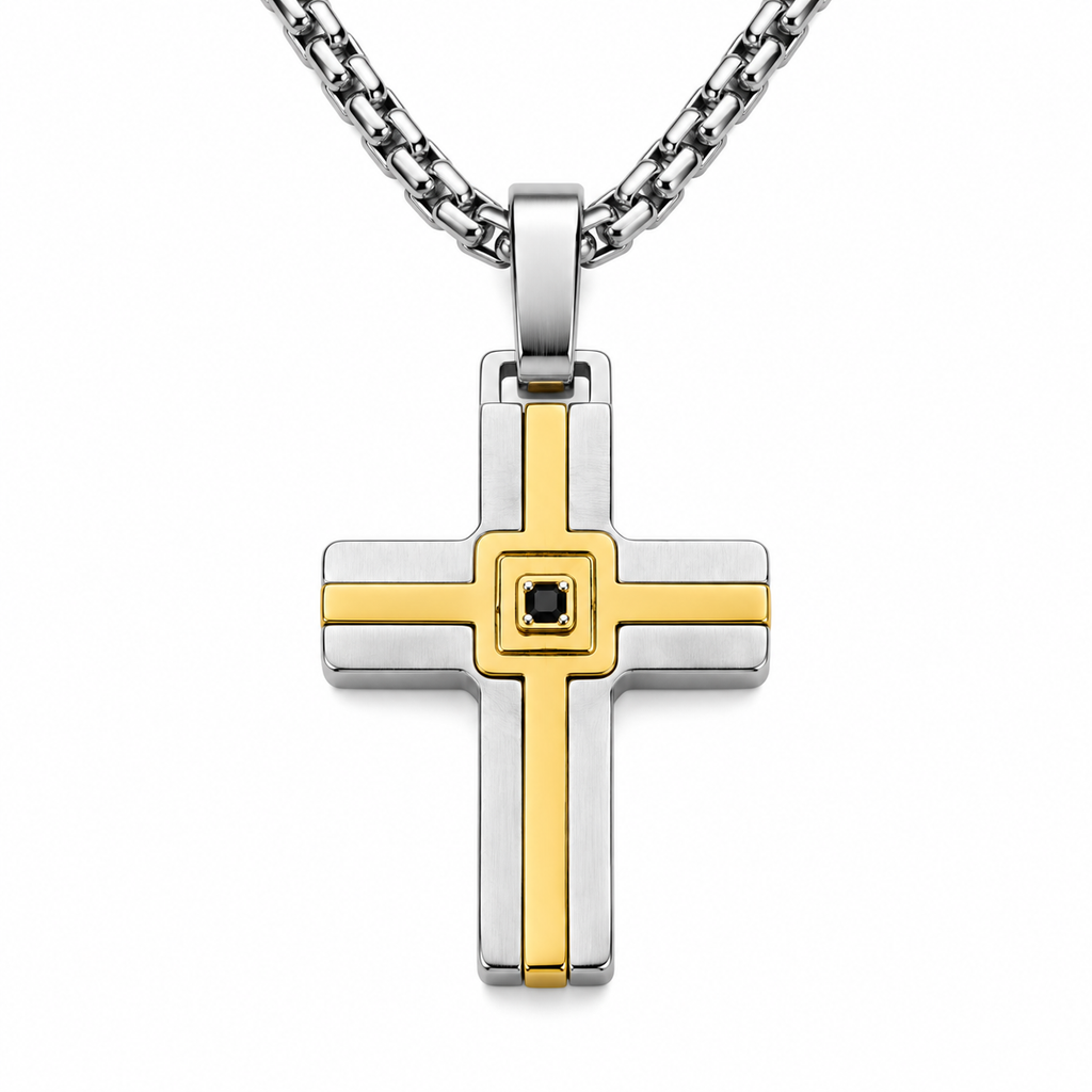 Collana da uomo con croce argento e rosè e strass nero in acciaio inox