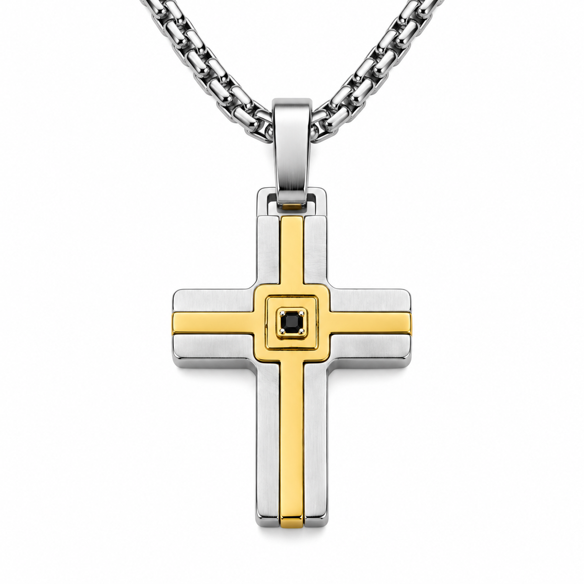 Collana da uomo con croce argento e rosè e strass nero in acciaio inox