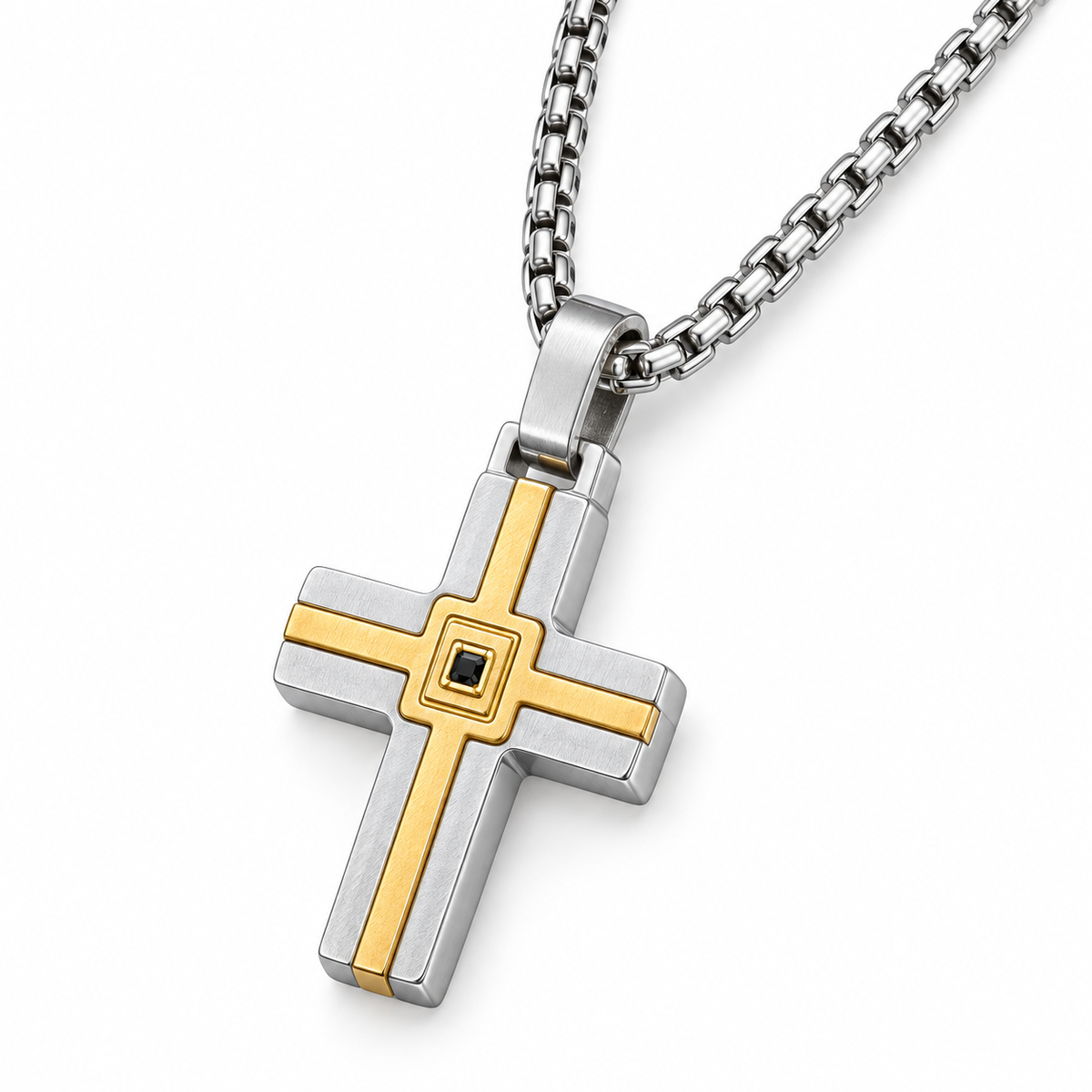 Collana da uomo con croce argento e rosè e strass nero in acciaio inox