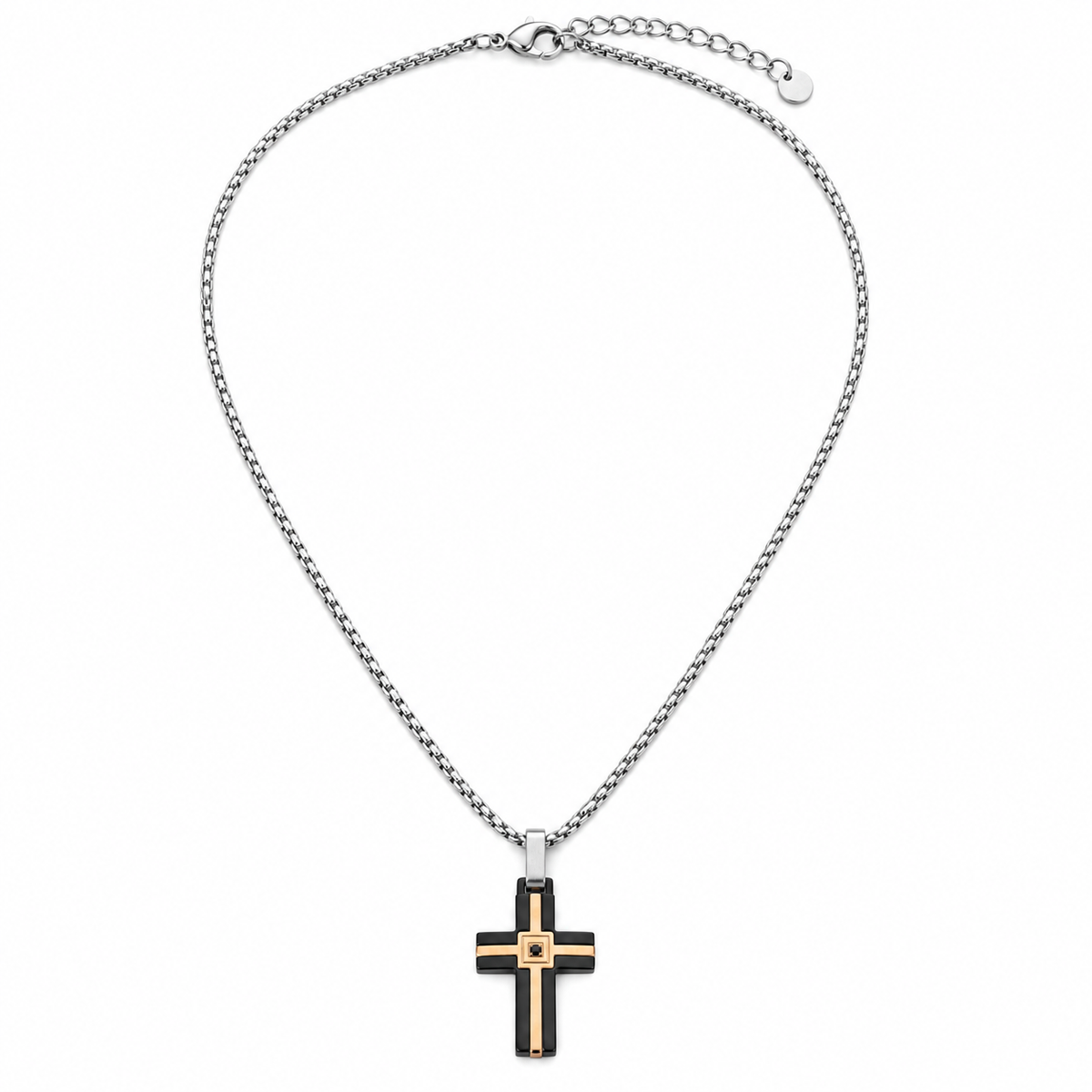 Collana da uomo con croce imbrunita e rosè e strass nero in acciaio inox