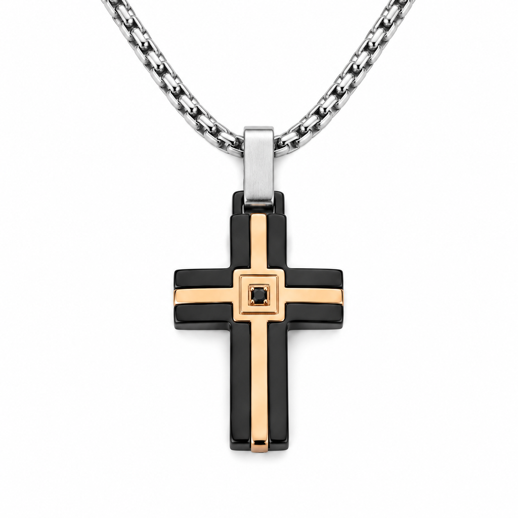 Collana da uomo con croce imbrunita e rosè e strass nero in acciaio inox