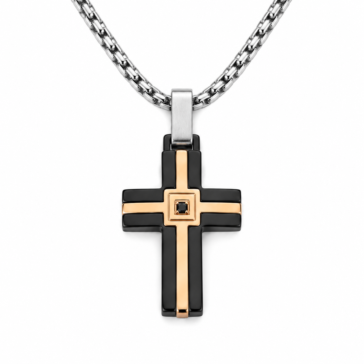 Collana da uomo con croce imbrunita e rosè e strass nero in acciaio inox
