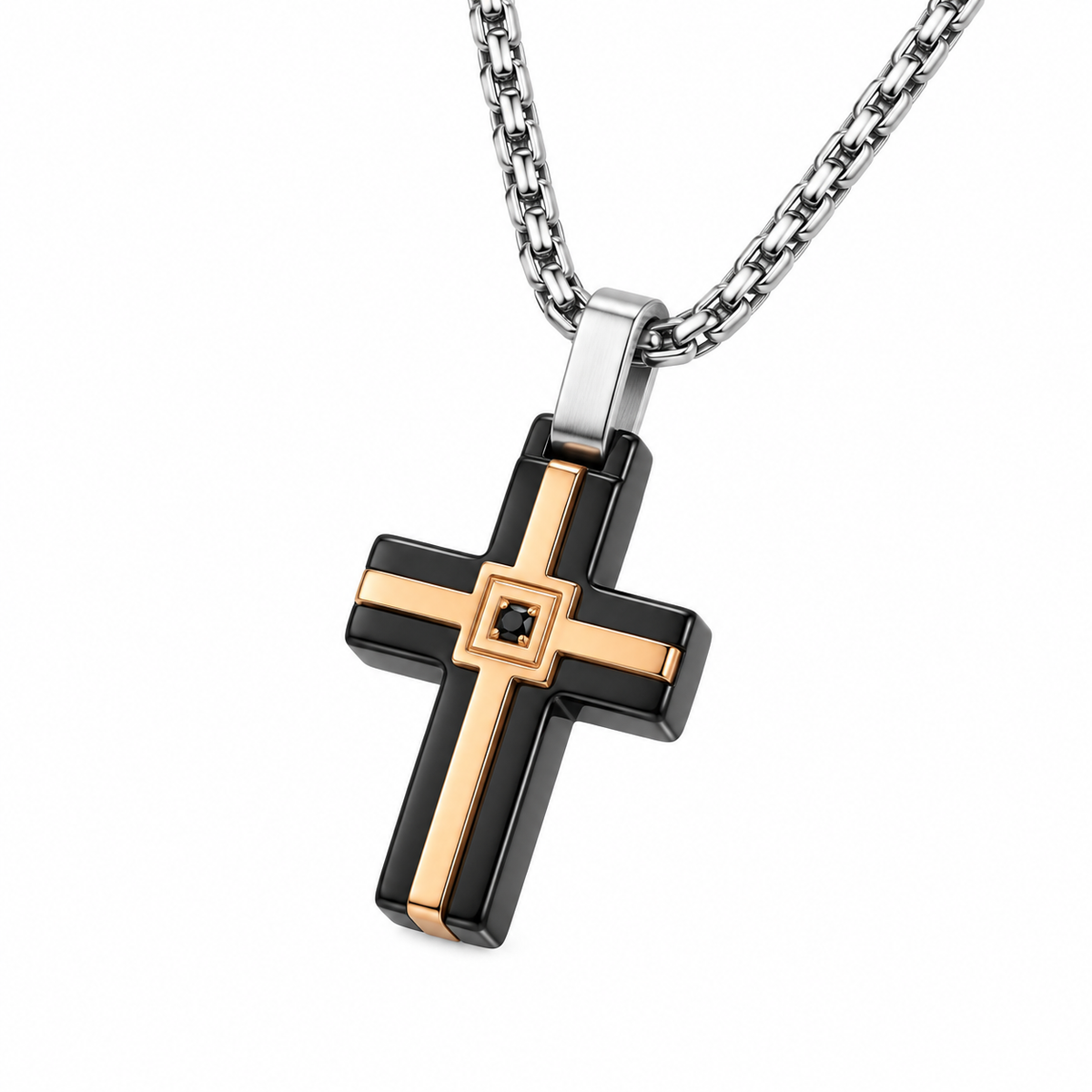 Collana da uomo con croce imbrunita e rosè e strass nero in acciaio inox