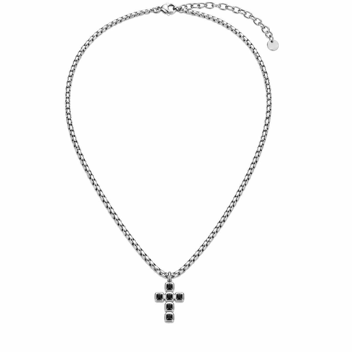Collana da uomo con croce argento e 6 strass neri quadrati in acciaio inox