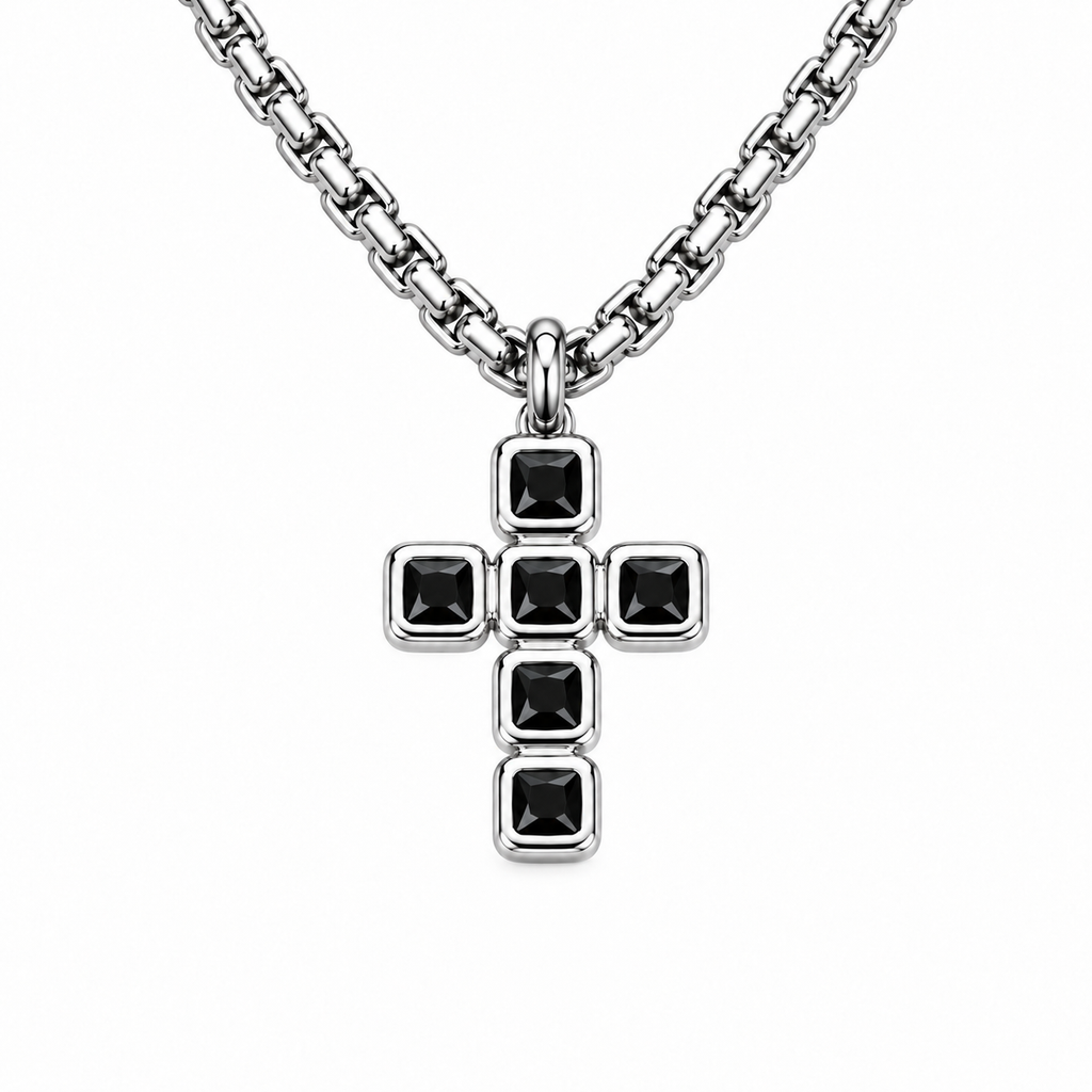 Collana da uomo con croce argento e 6 strass neri quadrati in acciaio inox