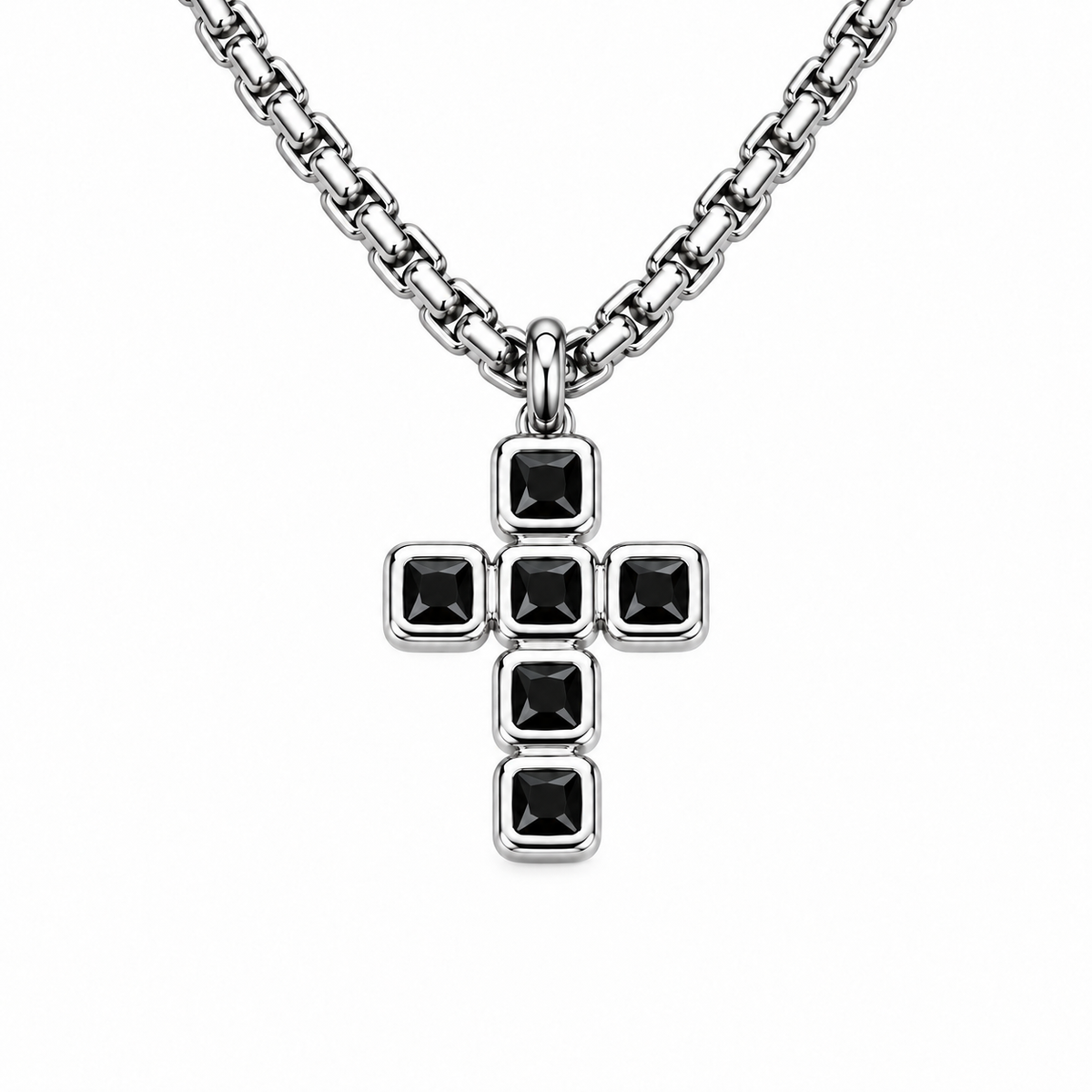 Collana da uomo con croce argento e 6 strass neri quadrati in acciaio inox