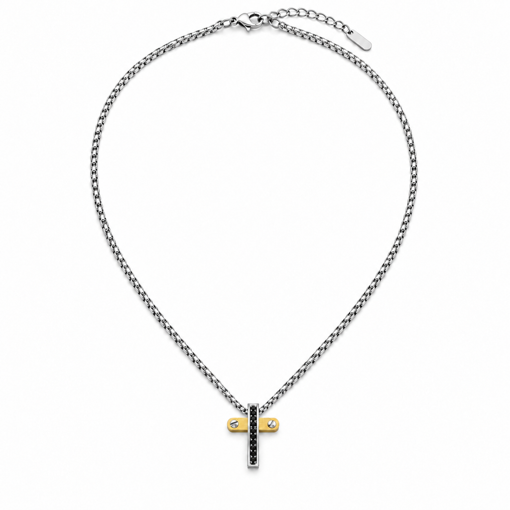 Collana da uomo con croce argento e oro e 10 strass neri in acciaio inox