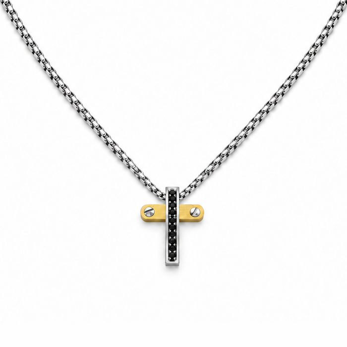 Collana da uomo con croce argento e oro e 10 strass neri in acciaio inox
